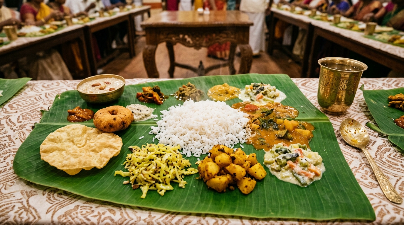 Grand South Indian Traditional Banana Leaf Feast with Ponni rice, sambar, aviyal, poriyal, vada and payasam